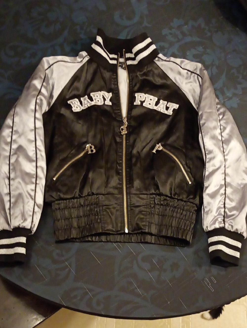 Baby Phat Y2k-Black and Silver Satin Style Varsity Jacket